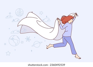 Little girl dreams while sleeps and runs with blanket in hands among space scenery. Carefree teen child sleeps and dreams of traveling galaxy or working in space exploration industry.