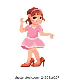 Little Girl Dress Up as Adult Wearing Oversized Clothes Vector Illustration