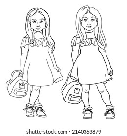 Little girl in a dress with a backpack. Illustration for a coloring book. Print for children's clothing, notebooks, notebooks, textiles, stickers. Black and white vector illustration. Isolated.