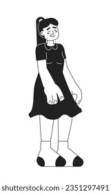 Little girl in dress crying monochromatic flat vector character. Upset female child with dropping tears. Editable thin line person on white. Simple bw cartoon spot image for web graphic design