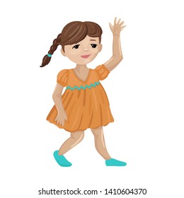 A little girl in a dress goes and waves her hand, greets. Character on a white background. Schoolgirl or kindergartener. Cartoon flat style illustration.