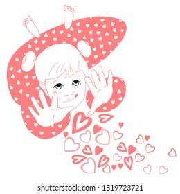 Little girl, in a dress with hearts, shows hands, hand-drawing, cartoon character, linear vector image