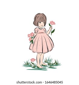 Little girl in dress holding bouquet of flowers standing barefoot on the grass