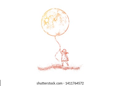 Little girl in dress holding huge moon balloon, faceless preschool child with big present, surreal dream. Fairy tale, creative child fantasy concept sketch. Hand drawn vector illustration