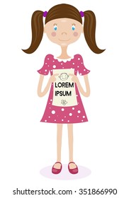 Little girl in the dress is holding a sheet of paper with the inscription, text.  Vector illustration