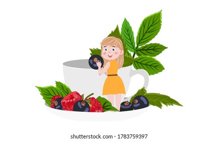 A little girl in a dress holds a large currant her hands and prepares tea in a huge cup. Tea with raspberry and currant leaves and berries a large white ceramic cup. Berries. Vector illustration