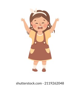 Little Girl in Dress Standing and Crying Feeling Sad Vector Illustration