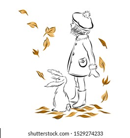 Little girl dressed in autumn warm clothes stand together with rabbit under leaf fall. Lady dressed in coat with fur collar and cuffs, mittens, rubber boots. Coloring page. Book illustration. 