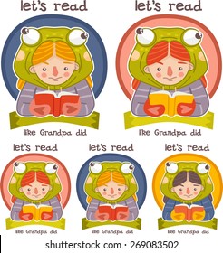 little girl dressed as a frog reading a book sticker big set
