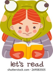 little girl dressed as a frog reading a book