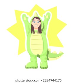 Little girl dressed in jumpsuit in form of dinosaur or dragon.