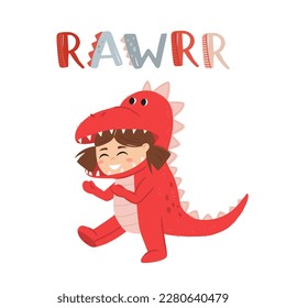 Little girl dressed in jumpsuit kigurumi in form of t rex. Girl in dinosaur or dragon costume with hood and tail. Cozy tyrannosaurus pajamas. Cartoon flat vector illustration in doodle style