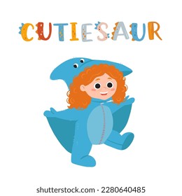 Little girl dressed in jumpsuit kigurumi in form of pterodactyl. Girl in dinosaur or dragon costume with hood and tail. Cozy tyrannosaurus pajamas. Cartoon flat vector illustration in doodle style