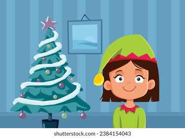 
Little Girl Dressed Like an Elf Celebrating Christmas Vector Illustration. Cute child wearing an Xmas costume for a party 
