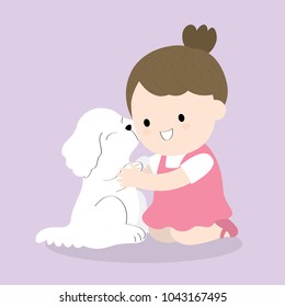 Little girl dressed in pink with her white dog playing together vector.