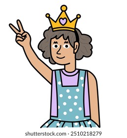 little girl dressed as princess with crown making peace gesture with hands