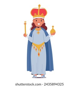 Little Girl Dressed As A Princess Or Queen Character, wear Sparkling Crown, Regal, Flowing Gown And Holding Scepter, Exudes Royal Charm And Imaginative Playfulness. Cartoon People Vector Illustration