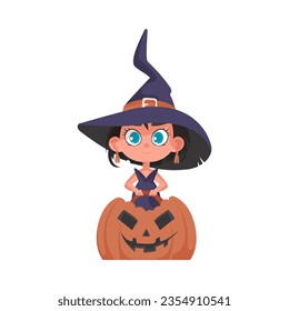 A little girl is dressed as a scary witch and she is holding a pumpkin. The Halloween theme is all about having fun and doing enjoyable things that are related to Halloween.