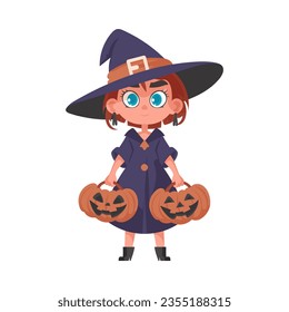 A little girl is dressed as a scary witch and she is holding a pumpkin. The idea behind Halloween is to enjoy yourself and do fun things that are related to Halloween.