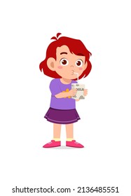 Little Girl Drink A Box Of Milk With Straw