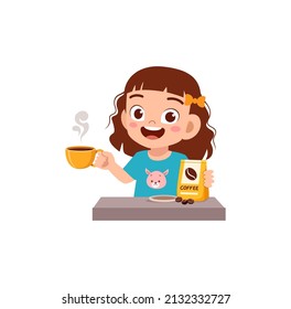 little girl drink hot coffee and feel happy