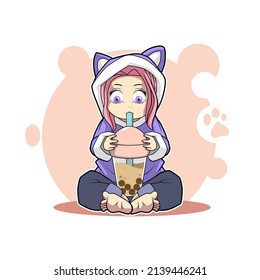 little girl drinking boba vecor illustration cute design