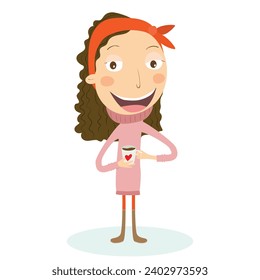 Little girl drinking hot chocolate. Vector illustration.