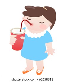 Little girl drinking soda with a straw on a white background