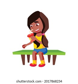 little girl drinking sweet beverage on park bench cartoon vector. little girl drinking sweet beverage on park bench character. isolated flat cartoon illustration