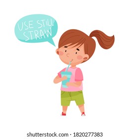 Little Girl Drinking Water with Still Straw Vector Illustration
