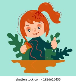 Little girl drinks coffee or tea with great pleasure. The baby raises her finger up, praises the drink. Happy childish emotions. Vector isolated.