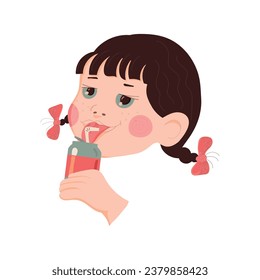 little girl drinks a drink through a straw from a jar. cheerful child. mood. vector illustration.