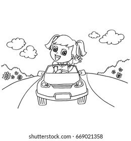 Little girl driving a toy car coloring page vector
