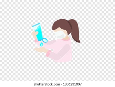 little girl dropping alcohol gel to hand cleaning for protect corona virus Covid-19 vector isolated on transparency background