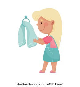 Little Girl Drying Or Wiping Her Hands On A Towel Vector Illustration