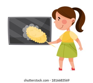 Little Girl Dusting TV Set Screen Vector Illustration