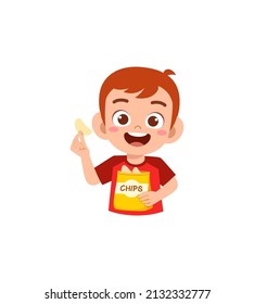 little girl eat potato chips and feel happy