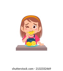 little girl eat sour lemon and show funny expression