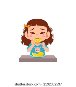 little girl eat sour lemon and show funny expression