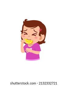 little girl eat sour lemon and show funny expression