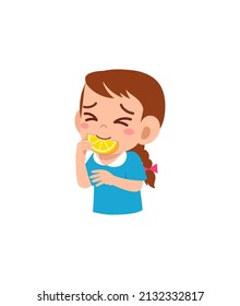 little girl eat sour lemon and show funny expression