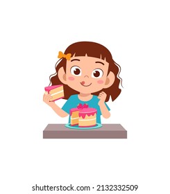 Little Girl Eat Sweet Cake And Feel Happy