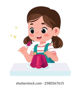 little girl eat sweet jelly and feel happy