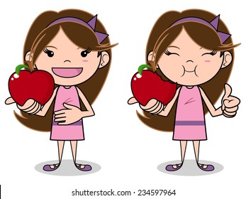 Little girl eating apple vector illustration isolated white background, thumbs up sign svg