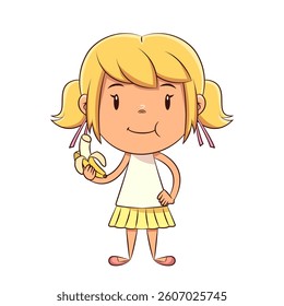 Little girl eating banana, vector illustration
