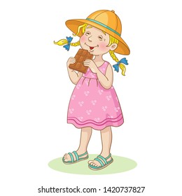 Сute little girl eating a bar of chocolate. In cartoon style. Isolated on white background.