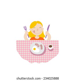 A little girl eating breakfast, flat style illustration 