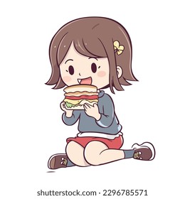 Little girl eating delicious sandwich burger cartoon flat character vector illustration