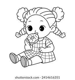 Little Girl Eating Donut, Coloring Book Page