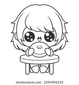 Little girl eating a donut, for coloring